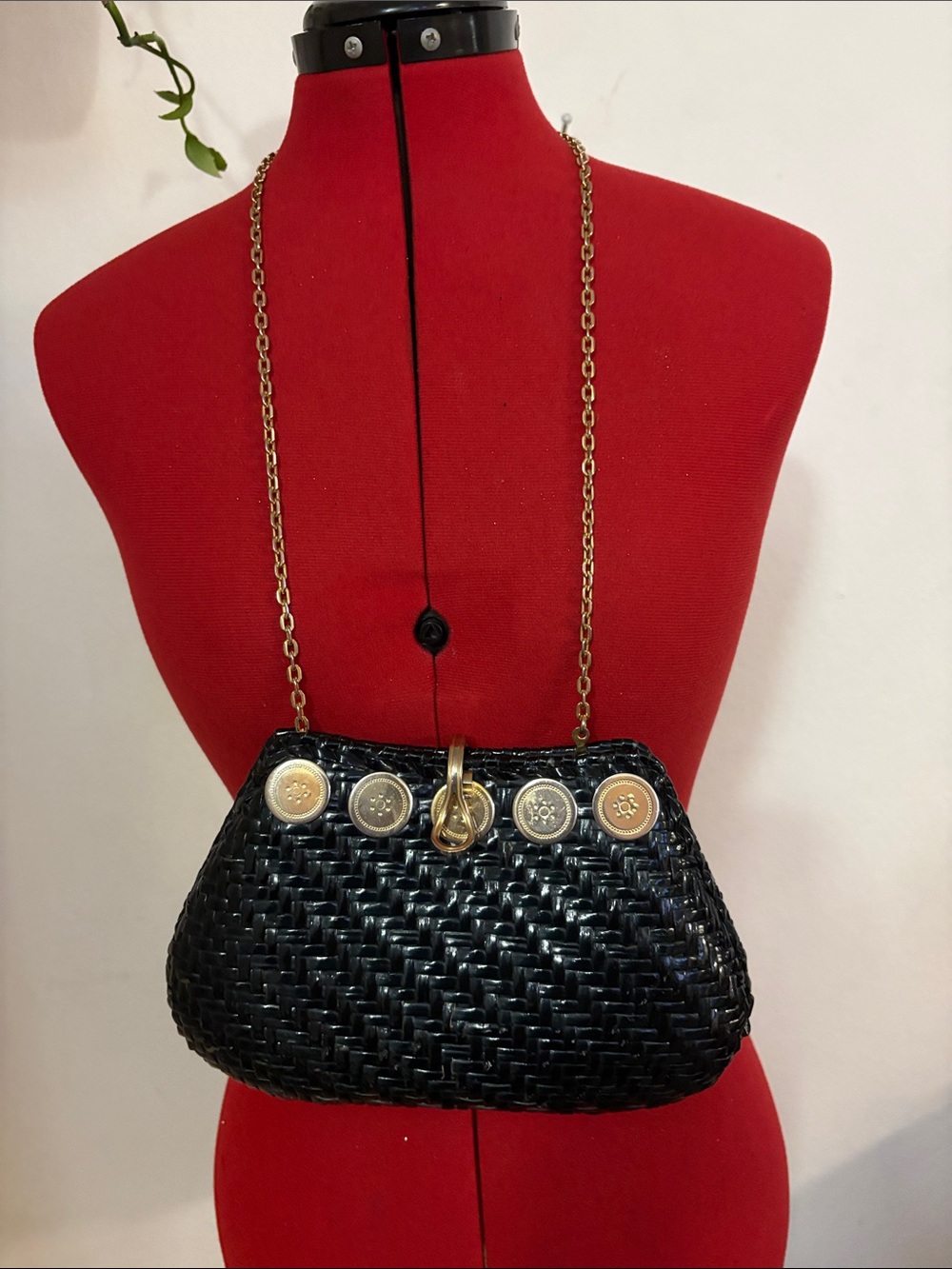 Vintage Black Woven Shoulder Bag with Gold Accents
